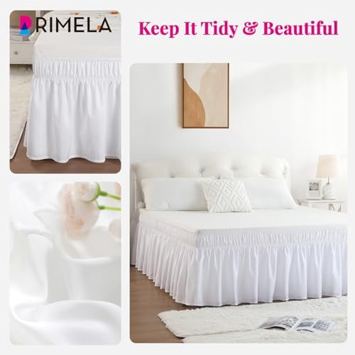 Queen Size 18-Inch Drop White Bed Skirt, Elastic Wrap-Around Dust Ruffle for Bed Frame, Lightweight Adjustable Bed Skirting Easy to Install