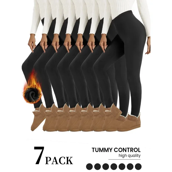 7-Pack Low Waisted Fleece Lined Leggings for Women Thermal Warm Winter Tights Non See-Through Workout Yoga Pants