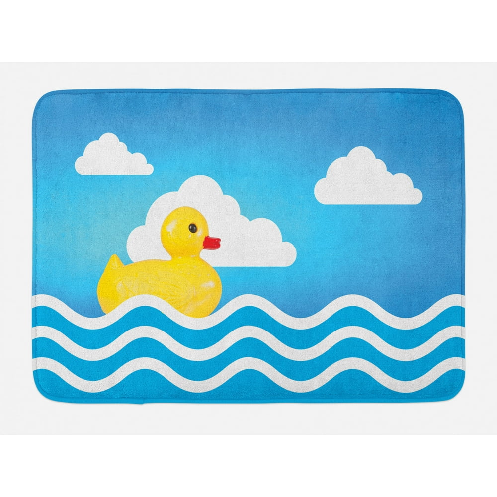 Rubber Duck Bath Mat, Yellow Cute Childrens Toy Figure on Wavy Water