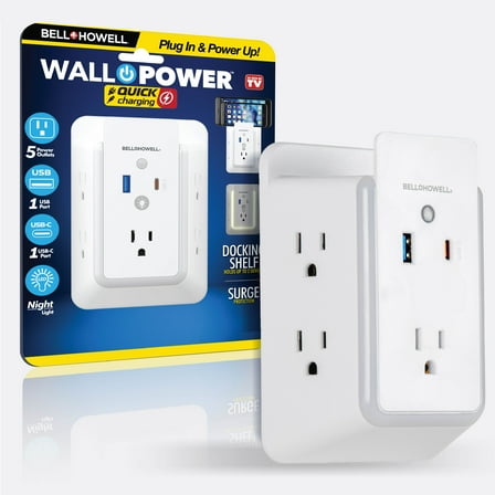 Bell Howell Surge Protector Wall Power 5 Outlets, 1 USB and 1 USB-C Ports Quick Charging Station, Outlet Extender with USB Ports