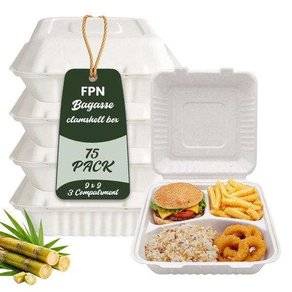 FPN  To Go Containers 3-Compartment "9x"9  -  75 CT,  Biodegradable Takeout Clamshell Boxes , Compostable  Microwave-Safe Disposable Meal Prep & Restaurant To-Go Packaging