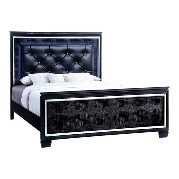 Furniture of America Rachel Faux Leather Queen LED Panel Bed in Black