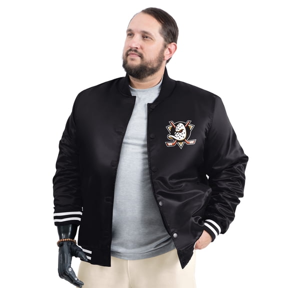 Men's G-III Sports by Carl Banks Black Anaheim Ducks Adaptive Bold Logo Satin Full-Snap Varsity Jacket