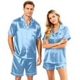 thumbnail image 2 of Garbnen Silk Couples Pajamas Matching Sets 2 Piece Short Sleeve Button Down Sleepwear Pjs Shorts Set Comfy Mens Loungewear Set Blue L, 2 of 8