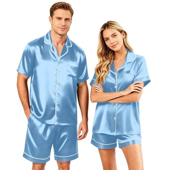 VV AVEORS Satin Matching Pajamas For Couples Silk Button Down Pjs Set Women/Men Short Sleeve Soft Sleepwear 2 Pcs Loungewear Light Blue 2XL