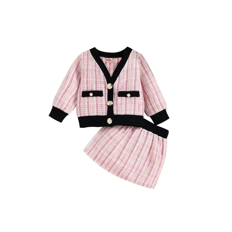 AMILIEe Kids Girl Outfit Elegant Plaid Long Sleeves Button Up Cardigan Tops  and Skirt Set