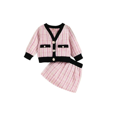 

Calsunbaby Kids Toddler Girls Skirt Outfit Elegant Plaid Long Sleeves Button Up Cardigan Tops Casual Skirt Fall Set Pink 18-24 Months