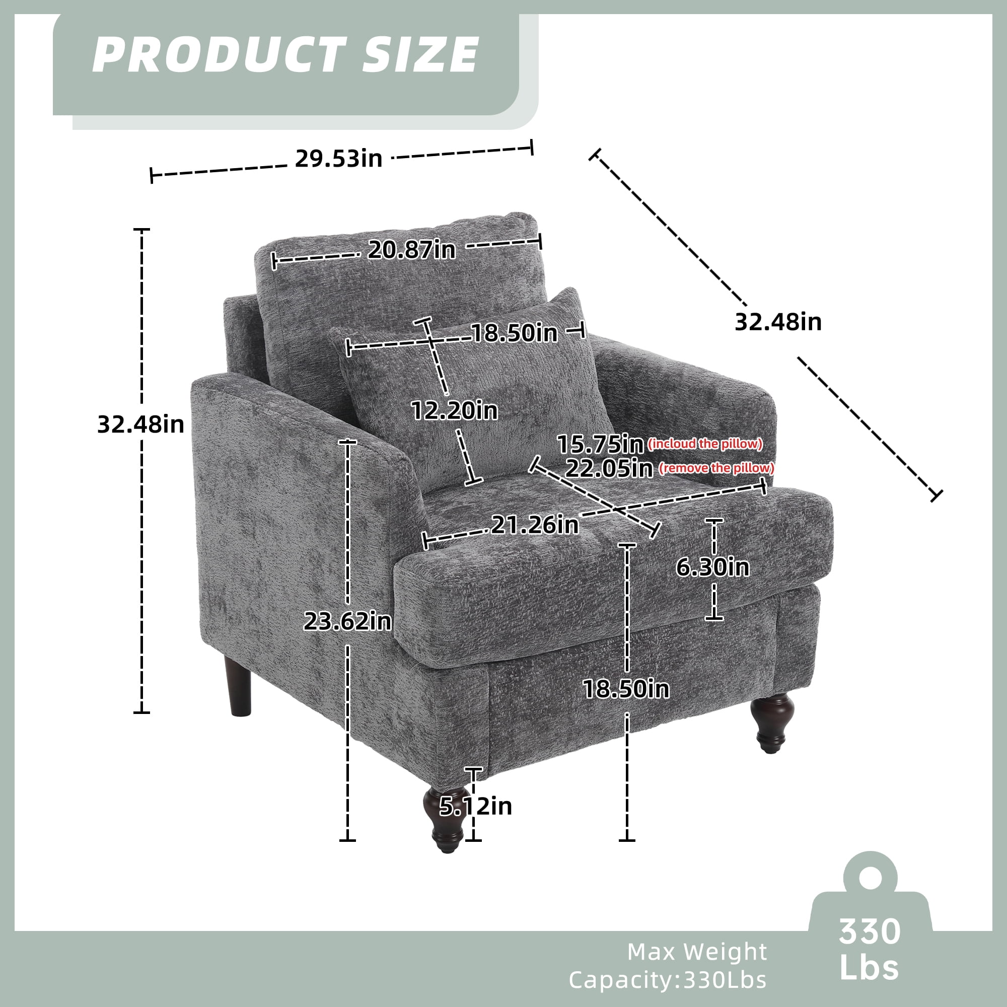 MOONMISS Modern Accent Chair, Wood Frame Upholstered Chenille Arm Chair, Comfy Small Single Couch For Living Room, Bedroom,Office Room Gray