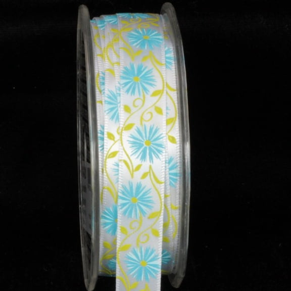 The Ribbon People White and Blue Summer Flowers Wired Craft Ribbon 0.5" x 54 Yards