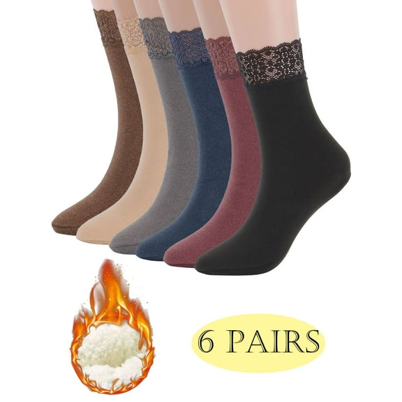 Lava 6 Pairs Womens Crew Socks with Lace Trim Winter Warm Thermal Dress Socks Thick Heated Boot Socks Size 9-11