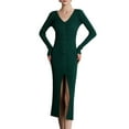 thumbnail image 3 of Women'S V-Neck Front Slit Rib Button Down Sweater Dress Dark Green M, 3 of 7