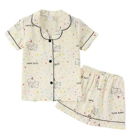Bainana Girls 2 Pieces Sleep Outfit Set Cartoon Print Short Sleeve Button Down Shirts And Shorts Set Soft Leisure Toddler Girls Holiday School Daily Loungewear Size 2-3 Years White