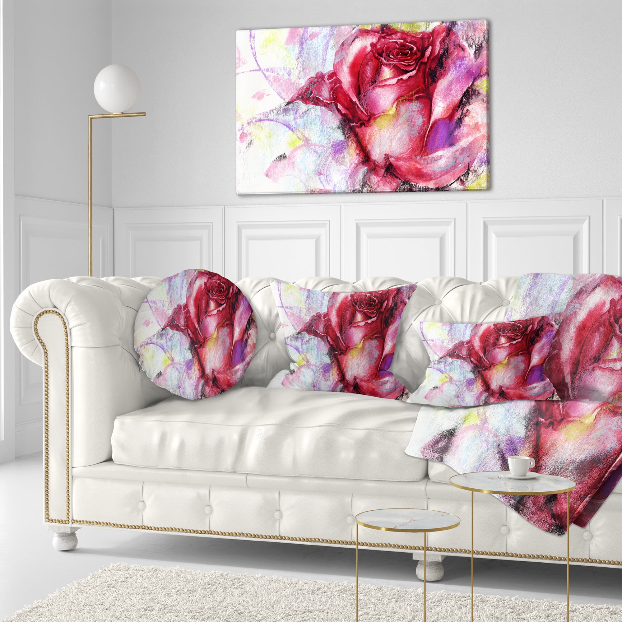 Designart Red Rose Illustration - Floral Throw Pillow - 12x20