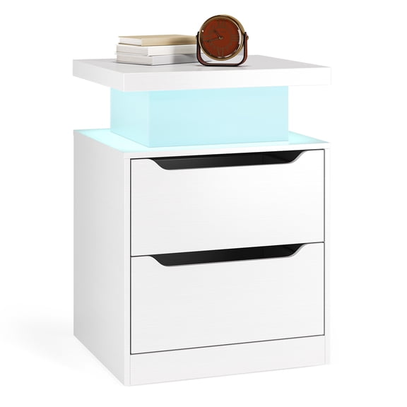 Asofer LED Nightstand with Charging Station, 2 Drawers Bedside Table, White