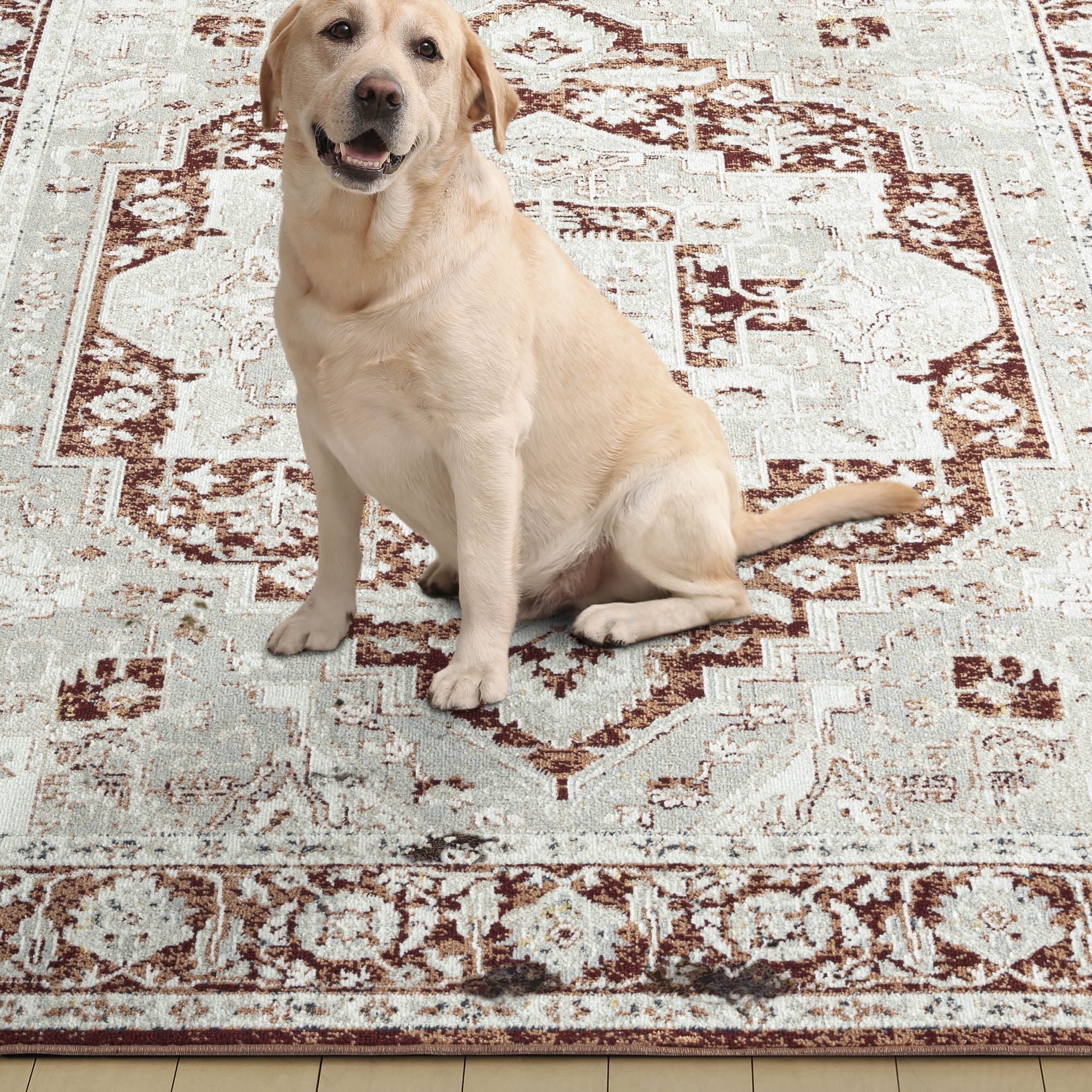 Everwash Treasure Rubia Traditional Medallion Machine Washable Indoor Area Rug, Ivory/Red, 5'2"x7'2"