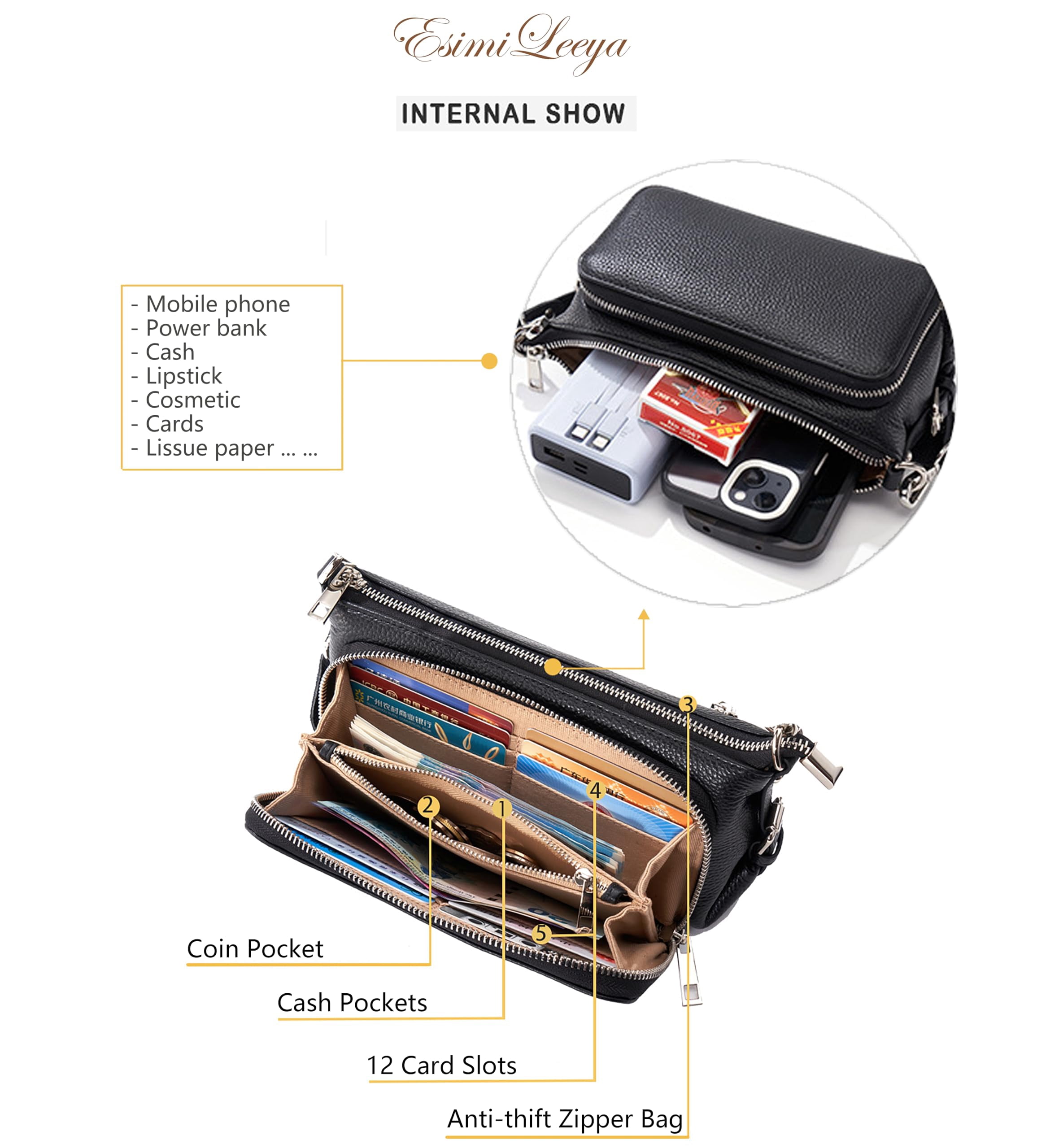 PORT&LOTUS Black Slim Genuine Leather Crossbody Purses for Women with Shoulder Strap
