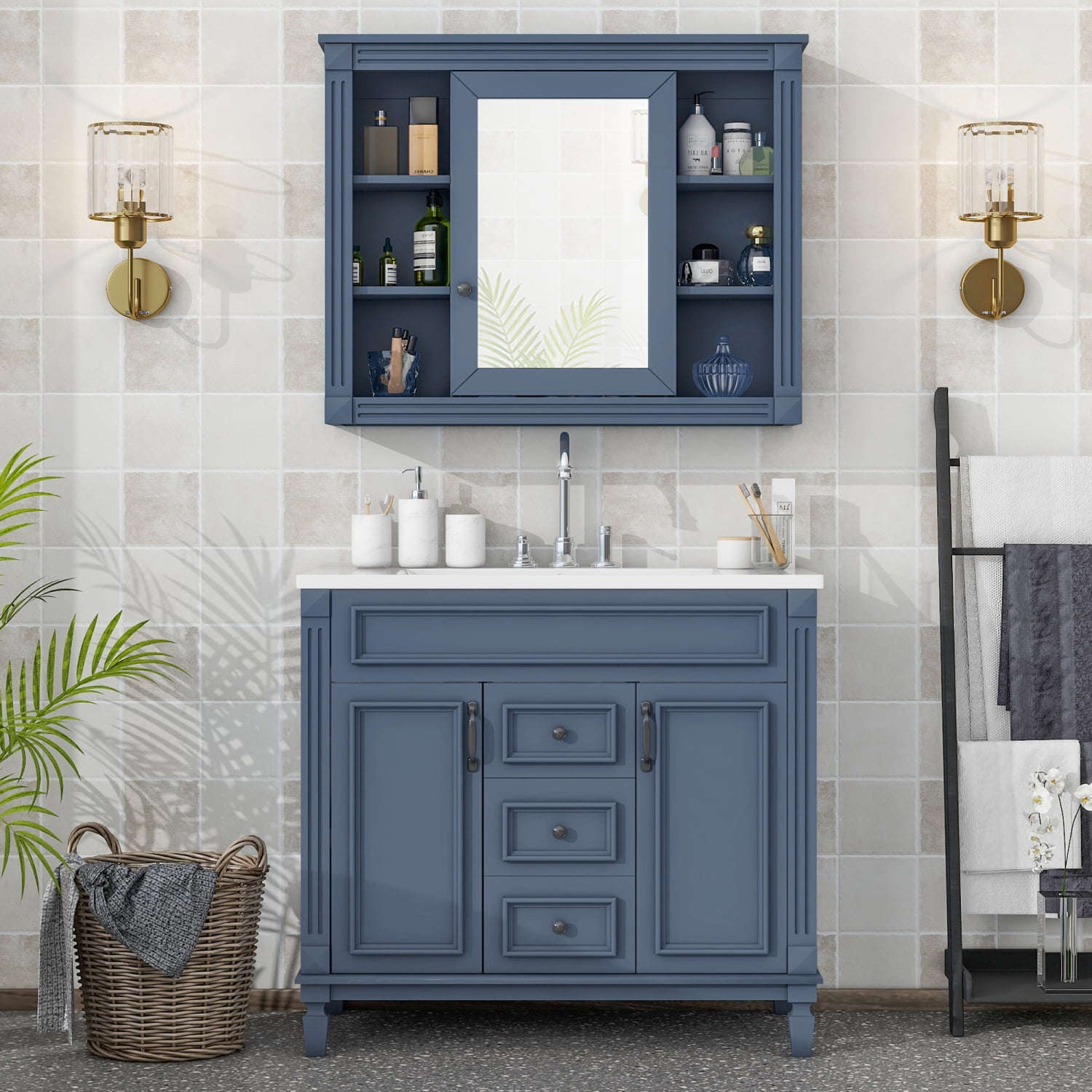 Harper & Bright Designs 36'' Bathroom Vanity Cabinet with Sink Combo Set and Mirror Cabinet, Modern Bathroom Storage Cabinet with 2 Soft Closing Doors and 2 Drawers, Blue