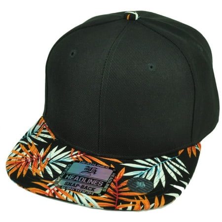 Blank Snapback Flat Bill Brim Headlines Hat Cap Orange Floral Pattern Leaves BLK