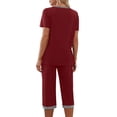 thumbnail image 6 of Women's V-Neck Pajama Set, Short Sleeve Top & Long Pants, Spring Summer Casual Sleepwear & Lounge Suit Wine S, 6 of 7