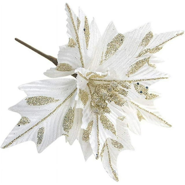 6 piezas de flores de Pascua de seda, flores artificiales de Navidad, adornos para árboles de Navidad con purpurina, flores artificiales para árboles de Navidad para bodas, blancas