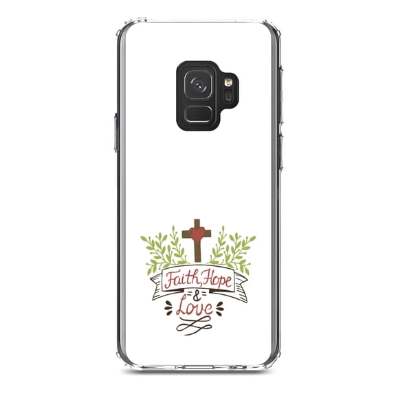 DistinctInk Clear Shockproof Hybrid Case for Samsung Galaxy S9 (5.8" Screen) - TPU Bumper, Acrylic Back, Tempered Glass Screen Protector - Faith, Hope & Love - Cross & Leaves