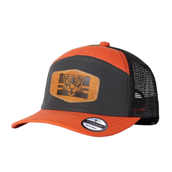 Vergiac Unisex Tiger Flag Leather Patch Patchwork Trucker Hat, Adjustable Mesh Cap for Vacation Travel Outdoor Daily Wear