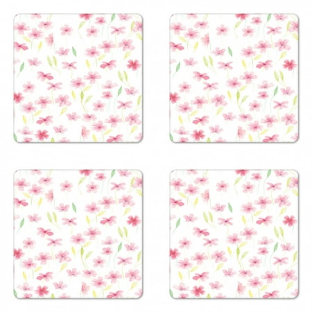 

Floral Coaster Set of 4 Pastel Hand Painted Watercolor Style of Ornamental Flowers and Leaves Square Hardboard Gloss Coasters Standard Size White Pink Pale Yellow by Ambesonne