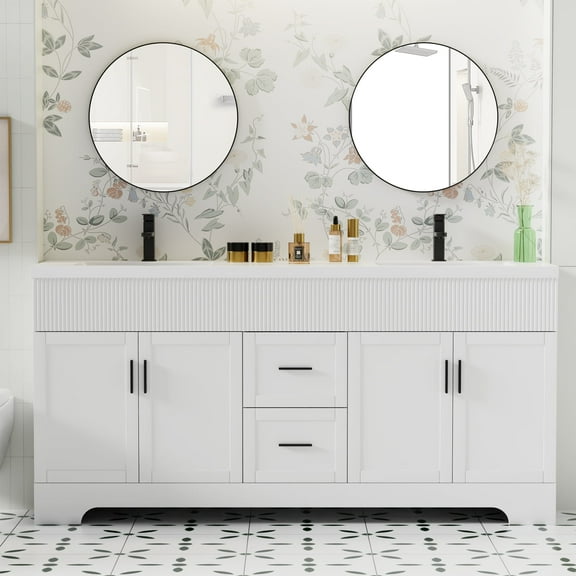 72" Freestanding Double Sink Bathroom Vanity Set With Resin Top, Hand-Painted, EPA Certificate