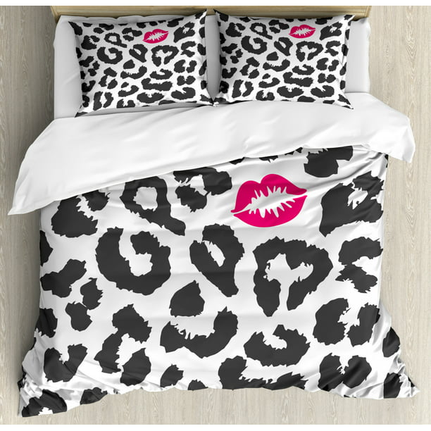 Safari Queen Size Duvet Cover Set, Leopard Cheetah Animal Print with Kiss  Shape Lipstick Mark Dotted Trend Art, Decorative 3 Piece Bedding Set with 2  Pillow Shams, Charcoal Grey Pink, by Ambesonne -