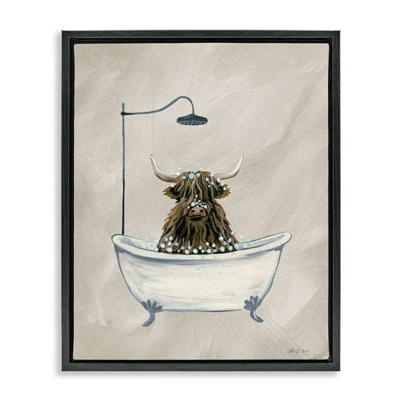 Stupell Industries Highland Cow Bubble Bath Typography Painting Black Floater Framed Canvas Art Print Wall Art, 17 x 21