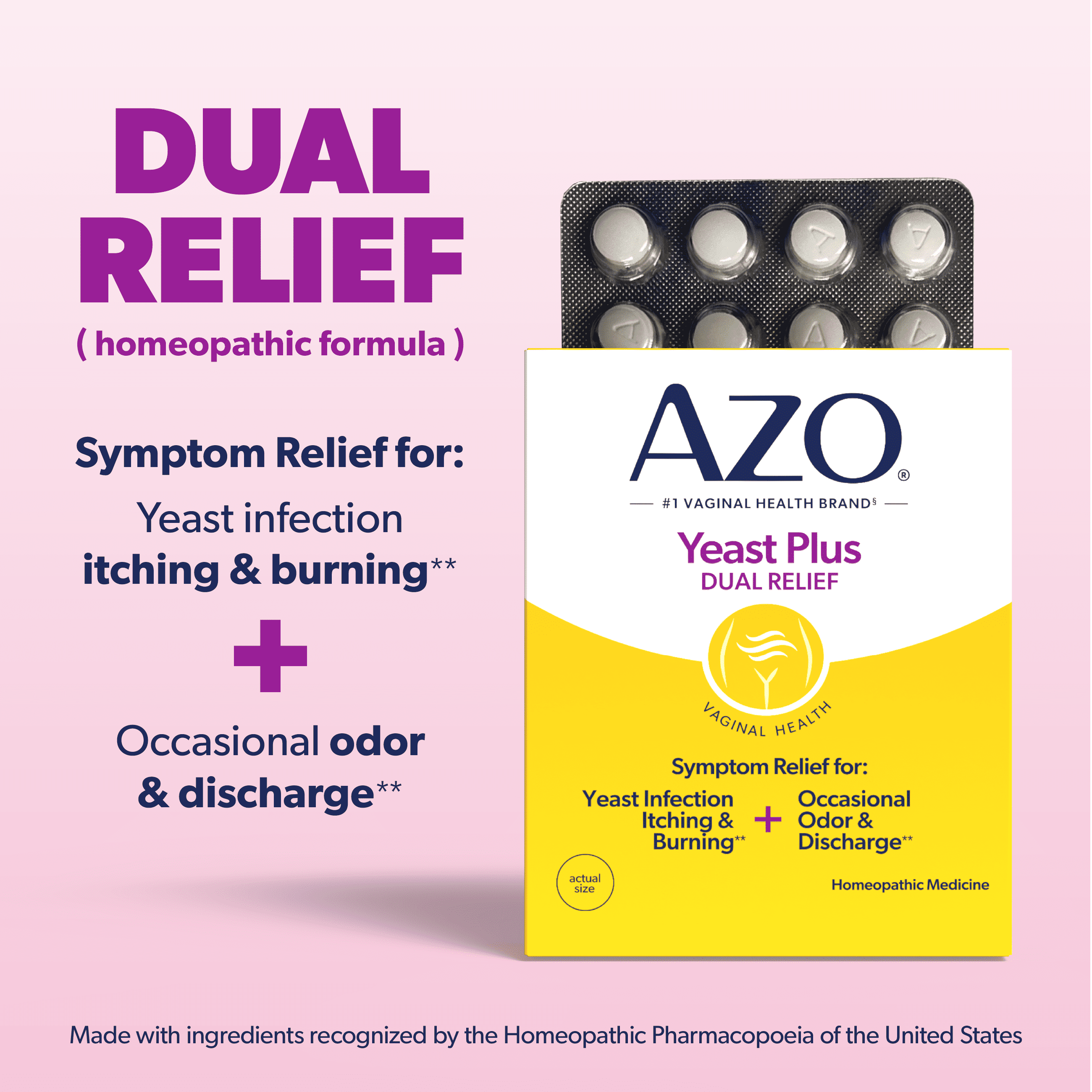 AZO Yeast Plus Dual Relief Tablets, Eases Itching, Burning, Odor & Discomfort from Yeast Infections, FSA/HSA Eligible, 60 Count
