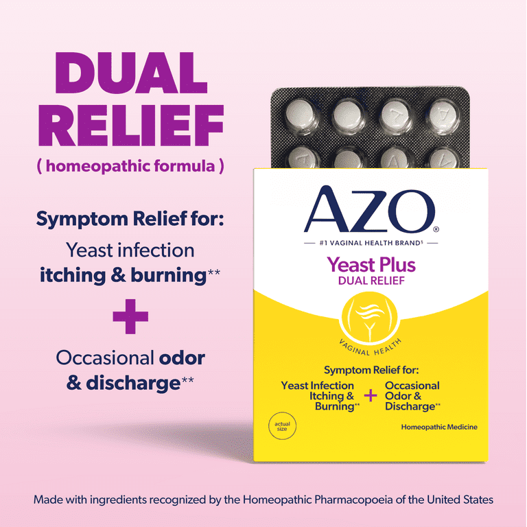 AZO Yeast Plus Dual Relief Tablets, Yeast Infection + Vaginal Symptom Relief, 60 Ct