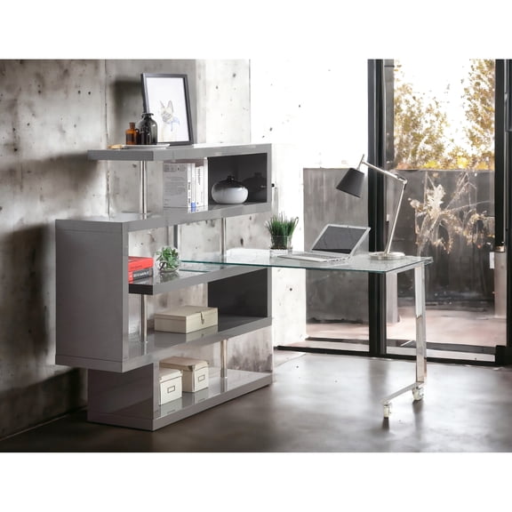 Glass Writing Desk with 4 - Shelf Storage / Functional Office Setup with Mobility
