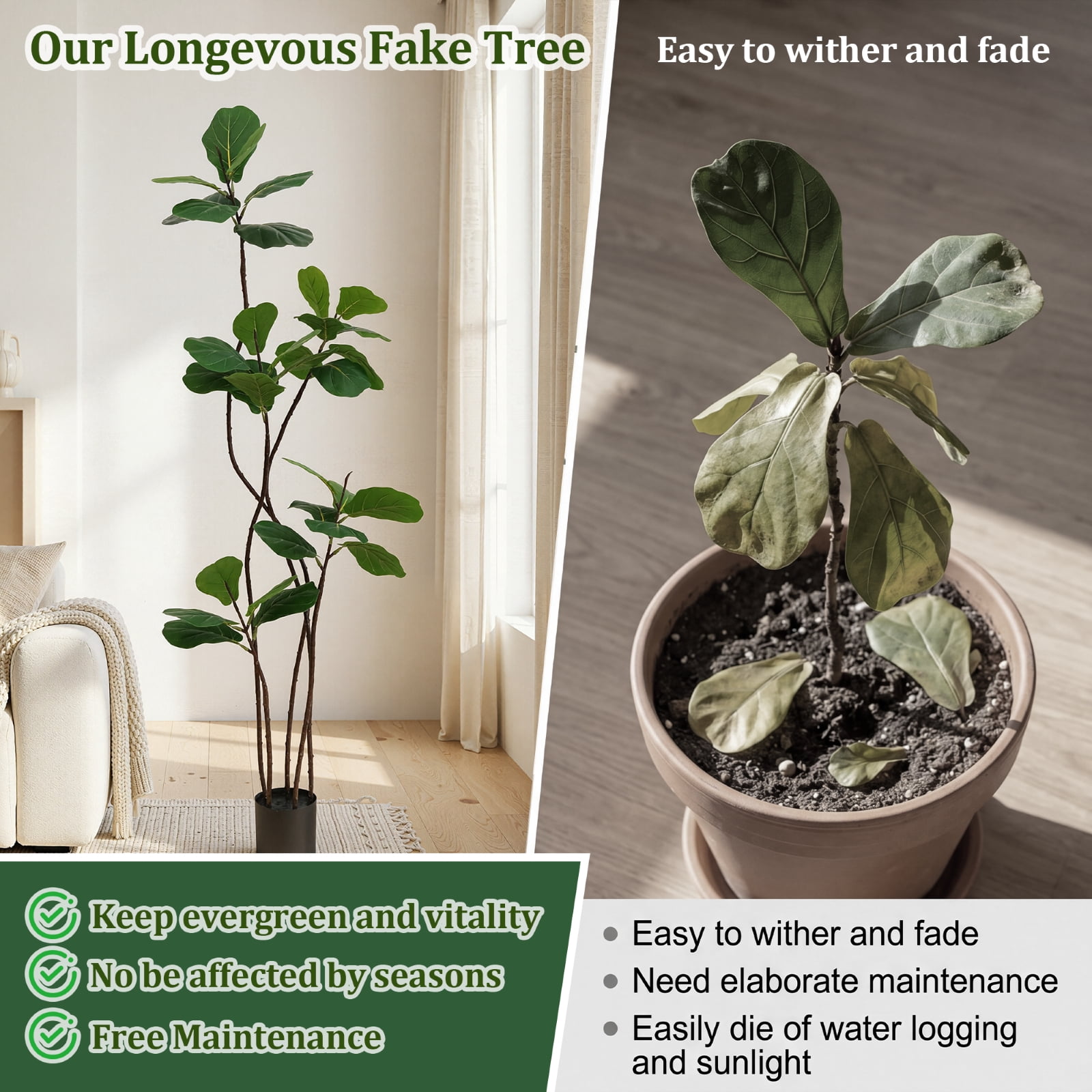 BEAUTYPEAK 4FT Artificial Fiddle Leaf Fig Tree Faux Ficus Tree Fake Green House Plants Indoor Outdoor Floor Plant