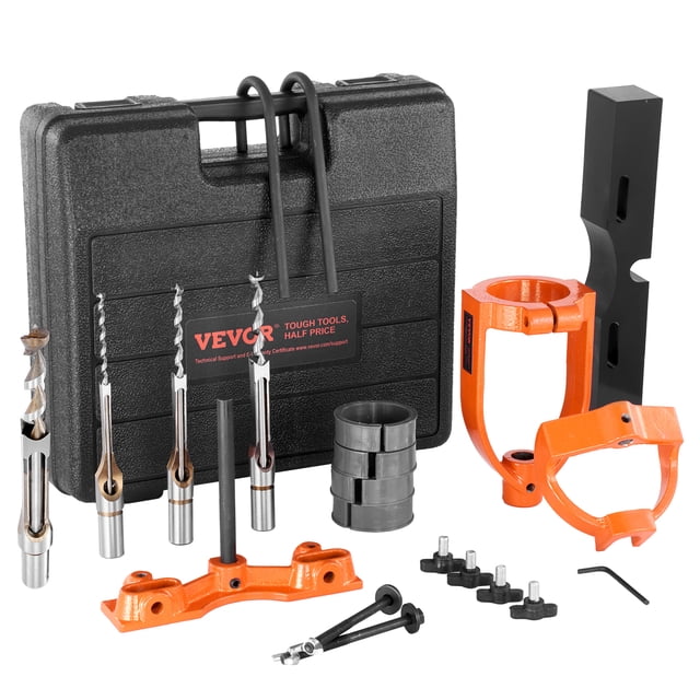VEVOR Outil de Mortaise pour Drill Press, Conçu pour le Travail du Bois, Mortaise et Tenonage. Comprend 4 Biseauteurs à Trous Carrés, 5 Bagues et des Accessoires comme un Localisateur de Perçage de Banc et un Support de Biseau. Comprend des Biseauteurs en Acier en Spirale pour la Précision et la Durabilité, un Cadre en Fonte orange et un Étui de Rangement Noir pour une Organisation Facile.