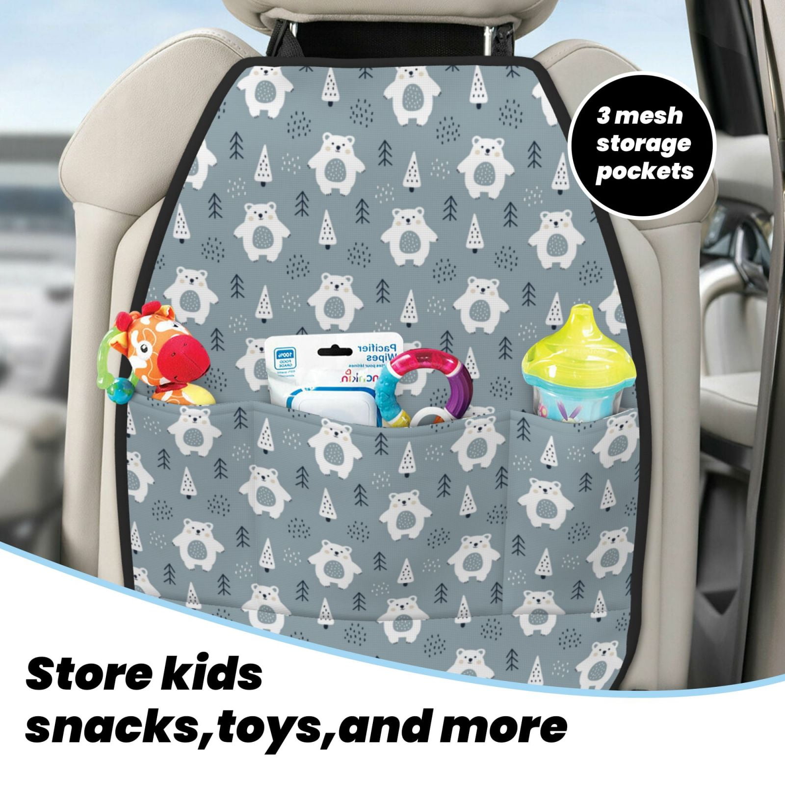 Kdxio bead tree winter Print 2 Pack Car Kick Mat Seat Cover Back Protector Mat with Pockets for Organizer Backseat Protector and Storage Anti Kick Pad for Vehicles