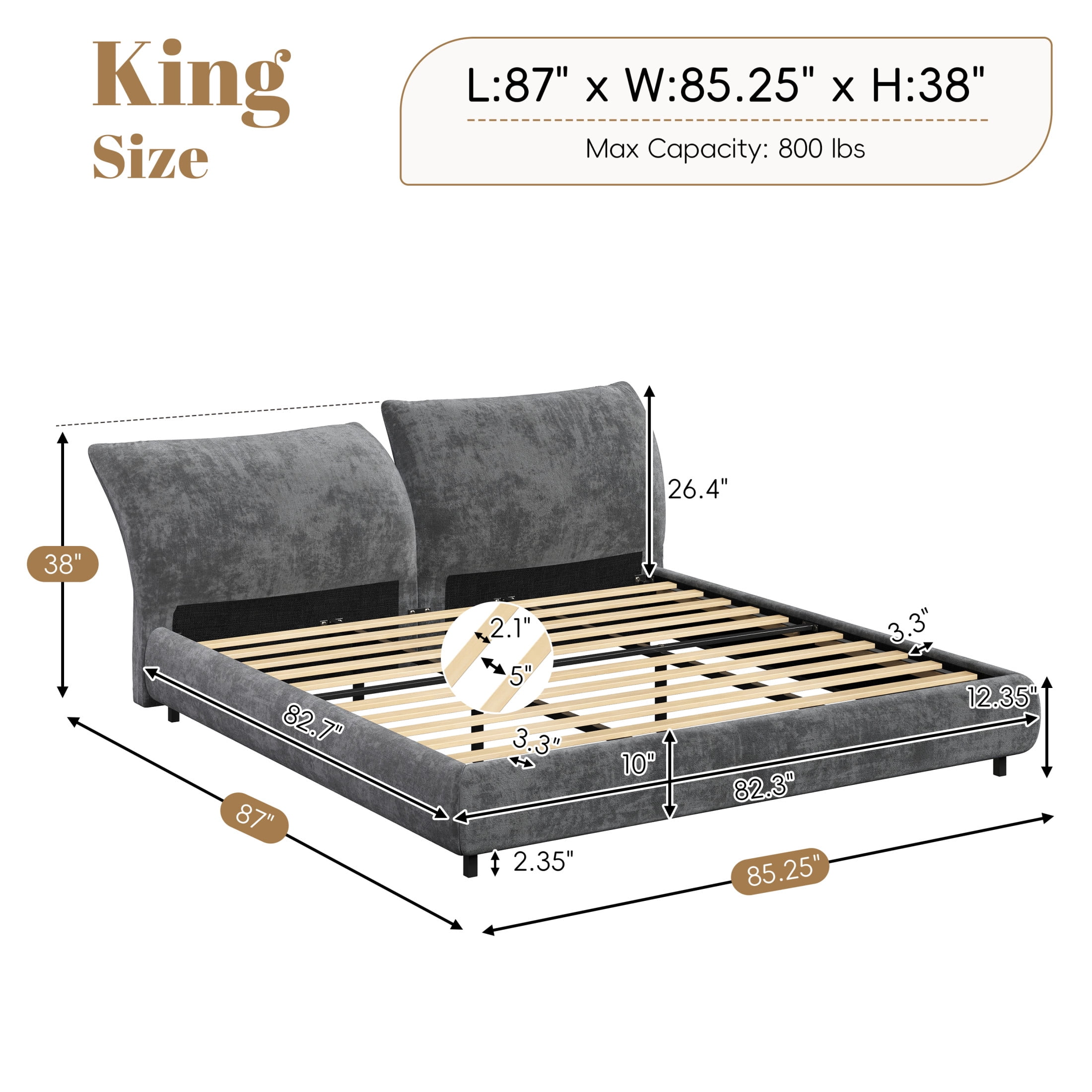Christopher Knight Home Minimalist Upholstered King Bed Frame with Adjustable Cushions, Dark Grey