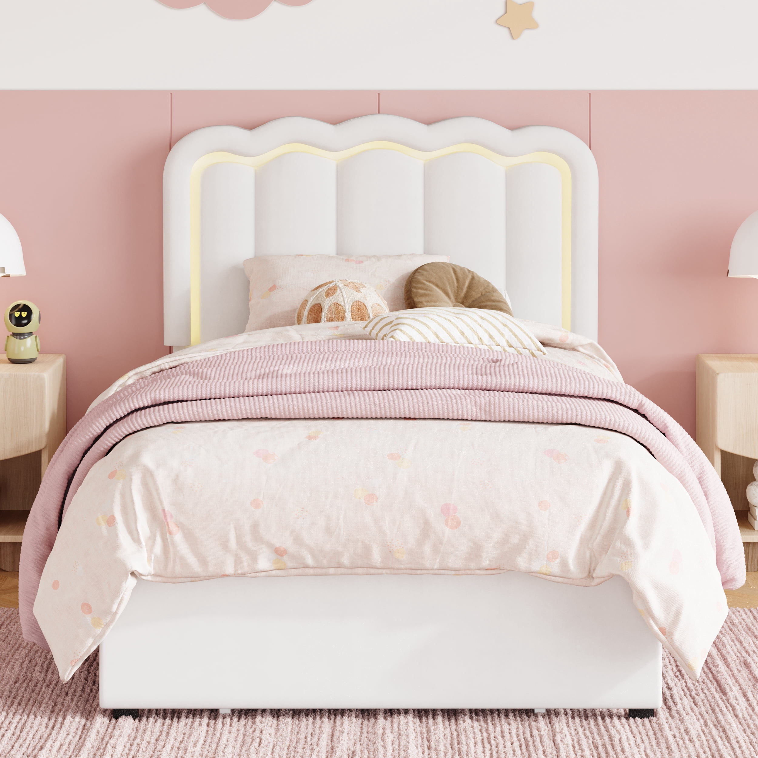 Amolife Twin Size LED Bed Frame with Drawer, Platform Bed with Velvet Upholstered Adjustable Wavy Headboard, White