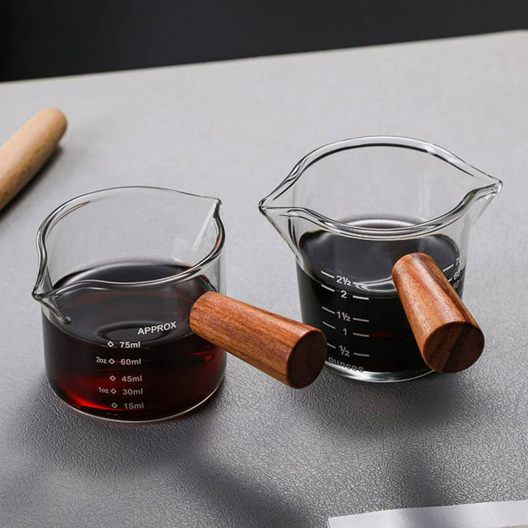 Zubebe 2 Pack 150 Ml/ 5 oz Double Spouts Espresso Shot Glasses with Wood  Handle Measuring Triple Pitcher Milk Cup Clear Espresso Measuring Cup Glass