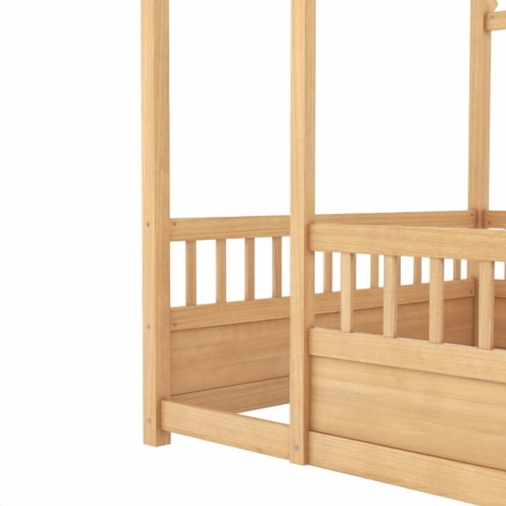 Bellemave Full Size Floor Bed, Wood Full House Bed with High Fence, Safe Playhouse Montessori Floor Bed, Natural