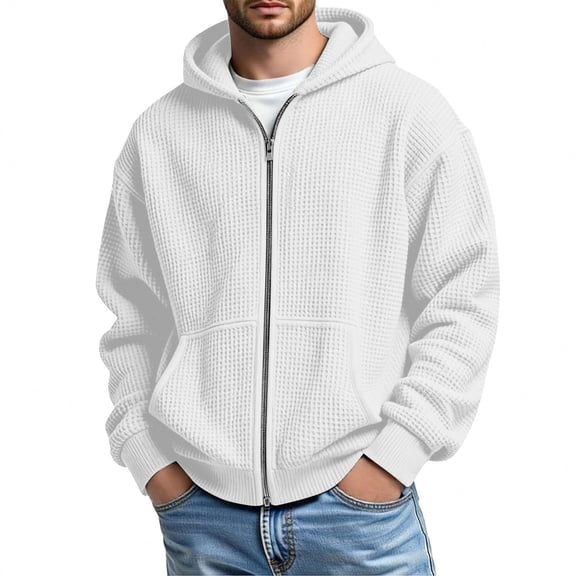 QSAWXQZ Men's Thermal Hoodie Solid Long Sleeve Zip Up Cardigan Coat with Pockets for Spring White L