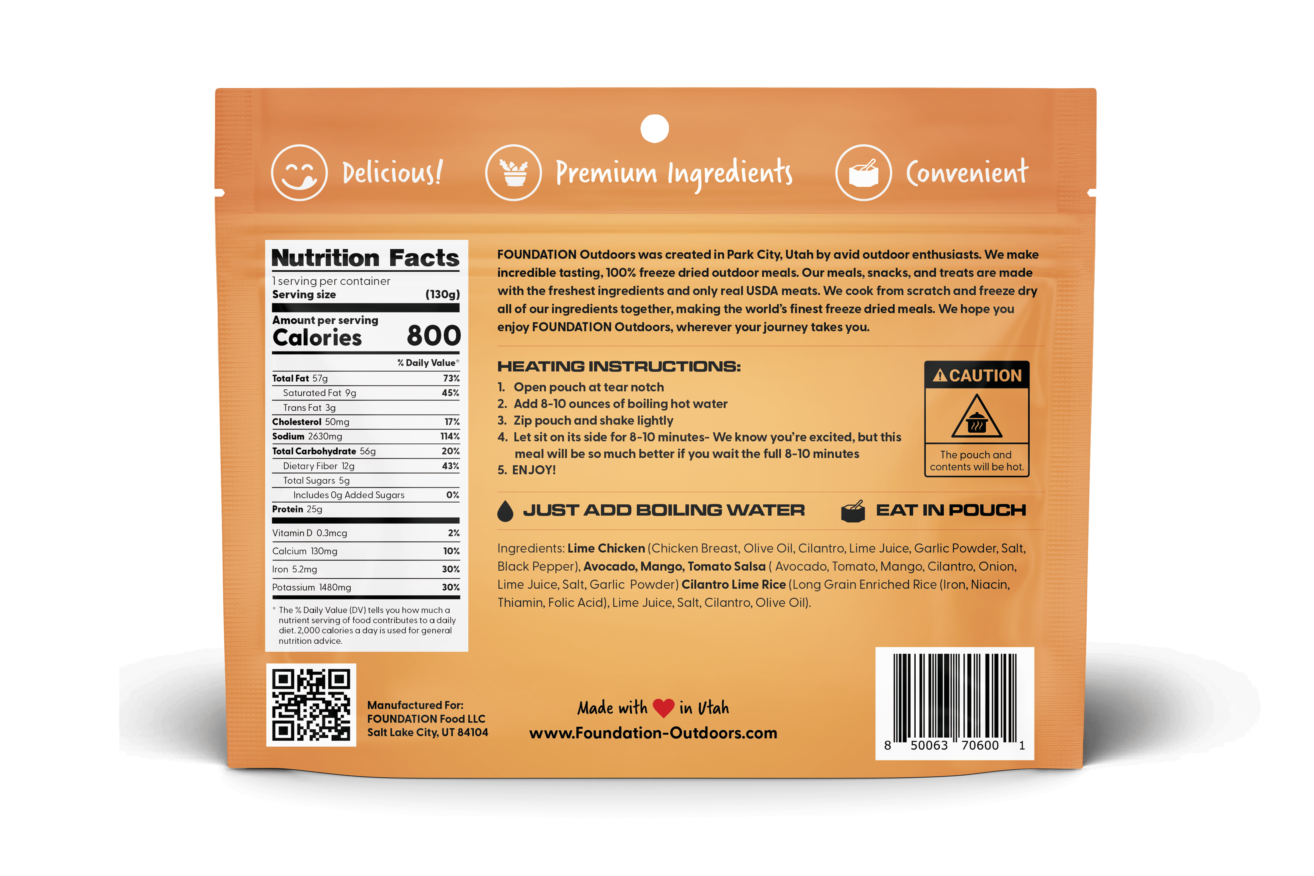 Foundation Outdoors Lime Chicken with Avocado Mango Salsa, Freeze Dried Backpacking & Camping Food, Emergency Food, High Protein Meal