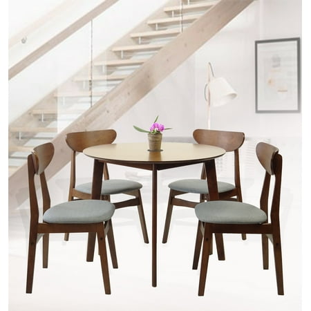 Round Table & Chair Sets SK New Interiors Dining Round Table and 4 Yumiko Side Chairs (Set of 5) Solid Wood Medium Brown Finish ()