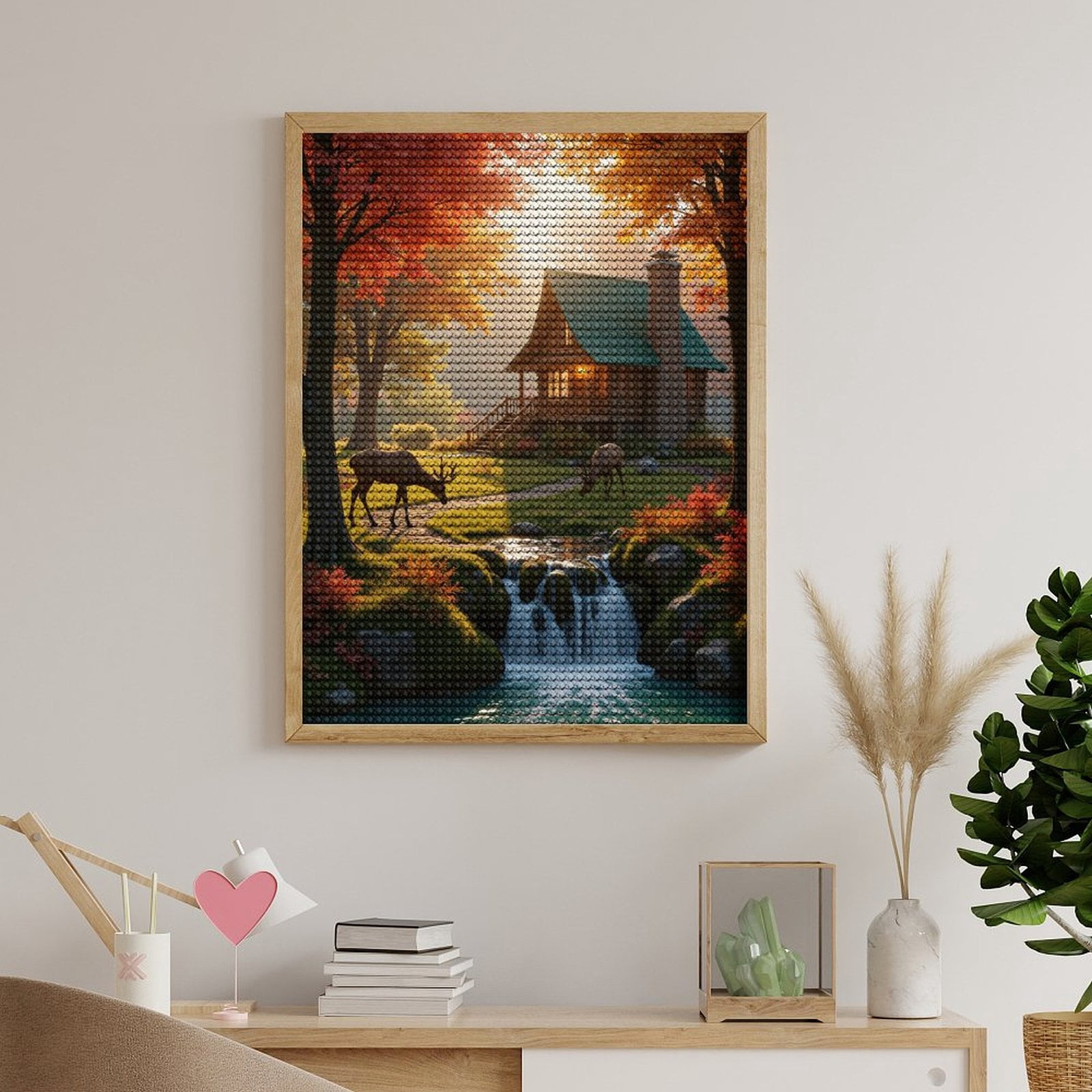 Diamond Art Kits for Adults, Autumn Cabin Serenity Deer Waterfall 5D Diamond Painting Kits for Adults Beginners, DIY Full Drill Diamond Painting, Gem Art and Crafts 12x16