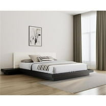 HomeRoots 486265 Black & White Wood & Faux Leather King Bed Frame with Attached Nightstands