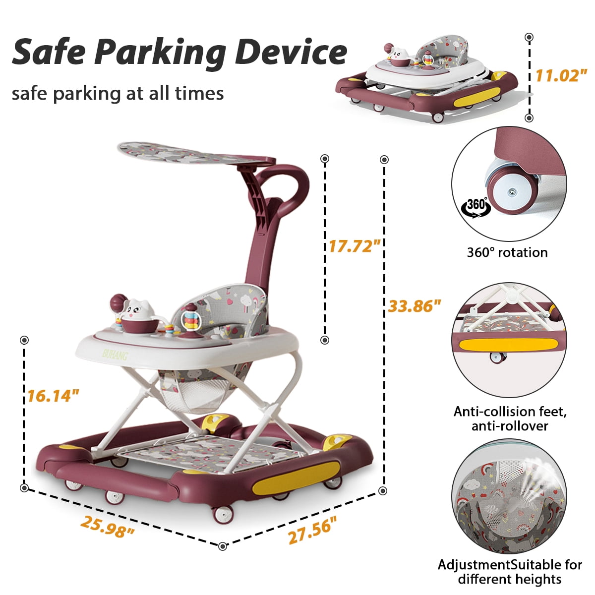 Huber 6-in-1 Baby Walker, Musical Activity Push Walker with Detachable Awning Footrest, Red