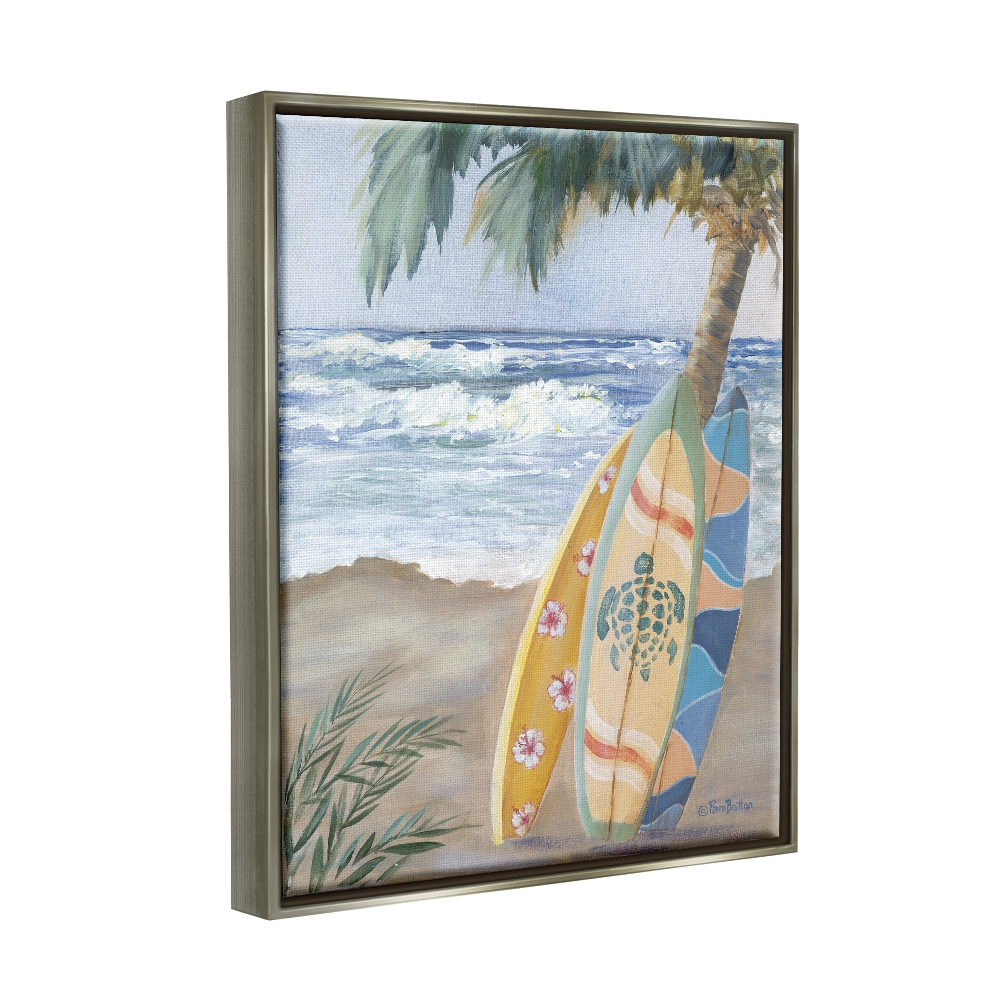 Stupell Fun Summer Surfboards Leaning Palm Tree Landscape Painting Gray Floater Framed Art Print Wall Art