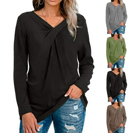 

Taluosi Casual Women Autumn V Neck Long Sleeve Top T-shirt Chest Cross Knot Tunic Blouse