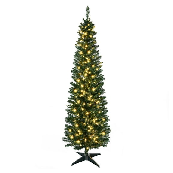 6ft Pre-Lit Slim Noble Fir Artificial Christmas Tree, 200 Warm White LED, 390 Tips, Pencil Tree for Small Spaces, Indoor Holiday Decoration