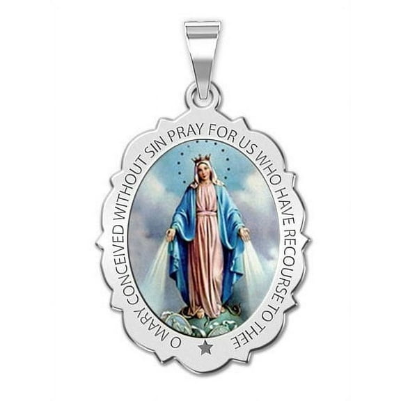 PicturesOnGold.com Miraculous Medal Necklace Scalloped Oval Pendants Female Adult - 3/4 x 1 in 10K White Gold